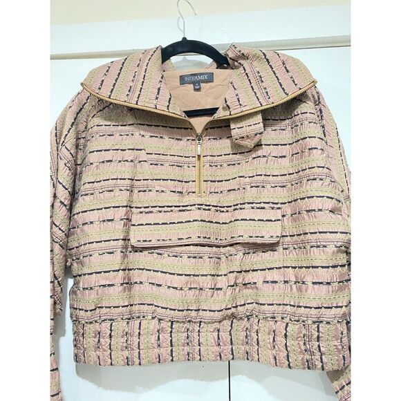 Intermix Top Silk Womens Sz 4 Long Sleeves Crop 1/2 Zip Pink Brown Geometric - Picture 4 of 16